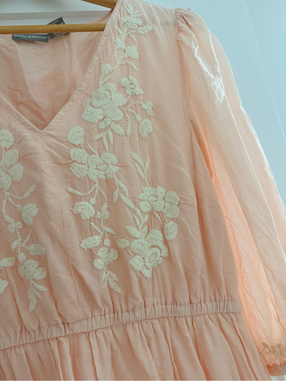 Lucky Brand Light Pink Tiered Midi Dress with Cream Floral Embroidery - Picture 3 of 4